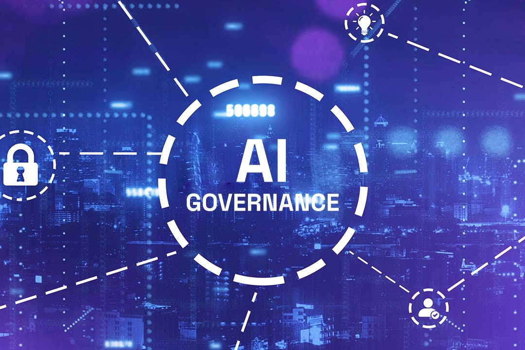 กราฟิกคำว่า AI Governance ล้อมด้วยไอคอนกุญแจ เอกสาร และเครือข่ายเมือง สื่อถึงกรอบการกำกับดูแล AI