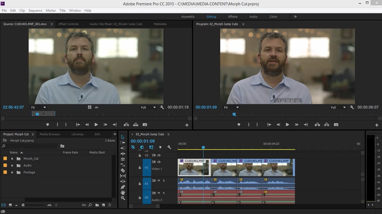หน้าจอตัดต่อใน Premiere Pro แสดง timeline และพรีวิวคลิปสองมุมมอง