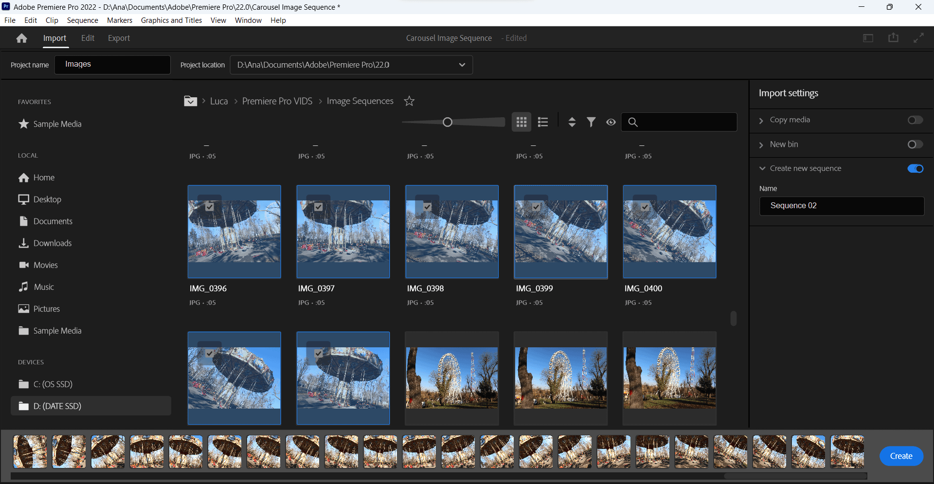 หน้าจอนำเข้าไฟล์ใน Premiere Pro แสดงคลังฟุตเทจที่จัดเป็นชุดภาพ