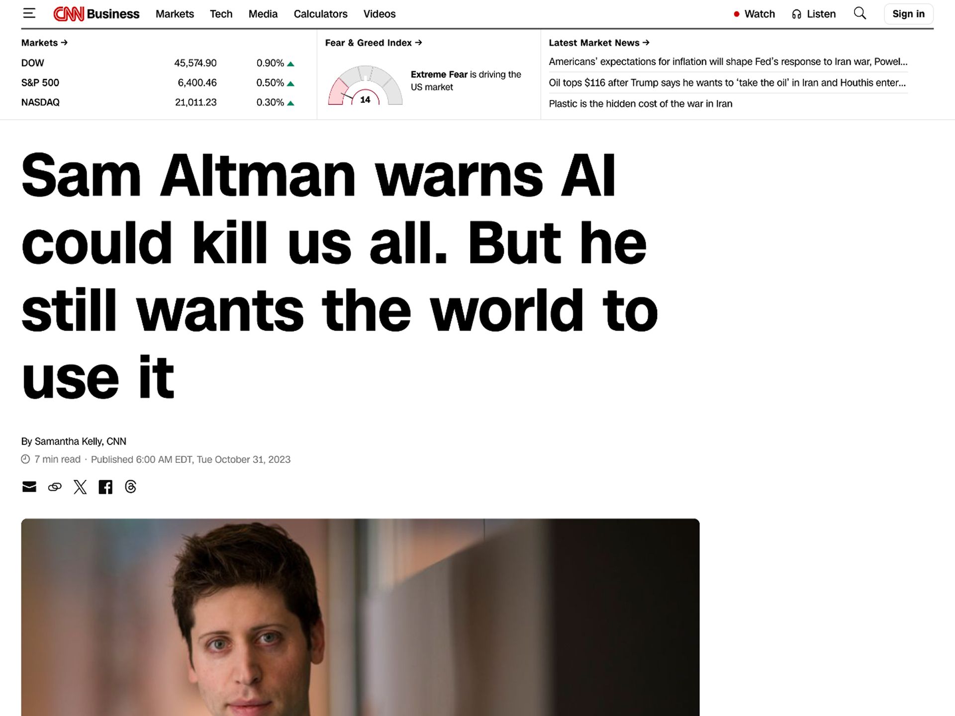 Screenshot of a 2023 CNN Business article headlined 'Sam Altman warns AI could kill us all. But he still wants the world to use it,' with a photo of Sam Altman
