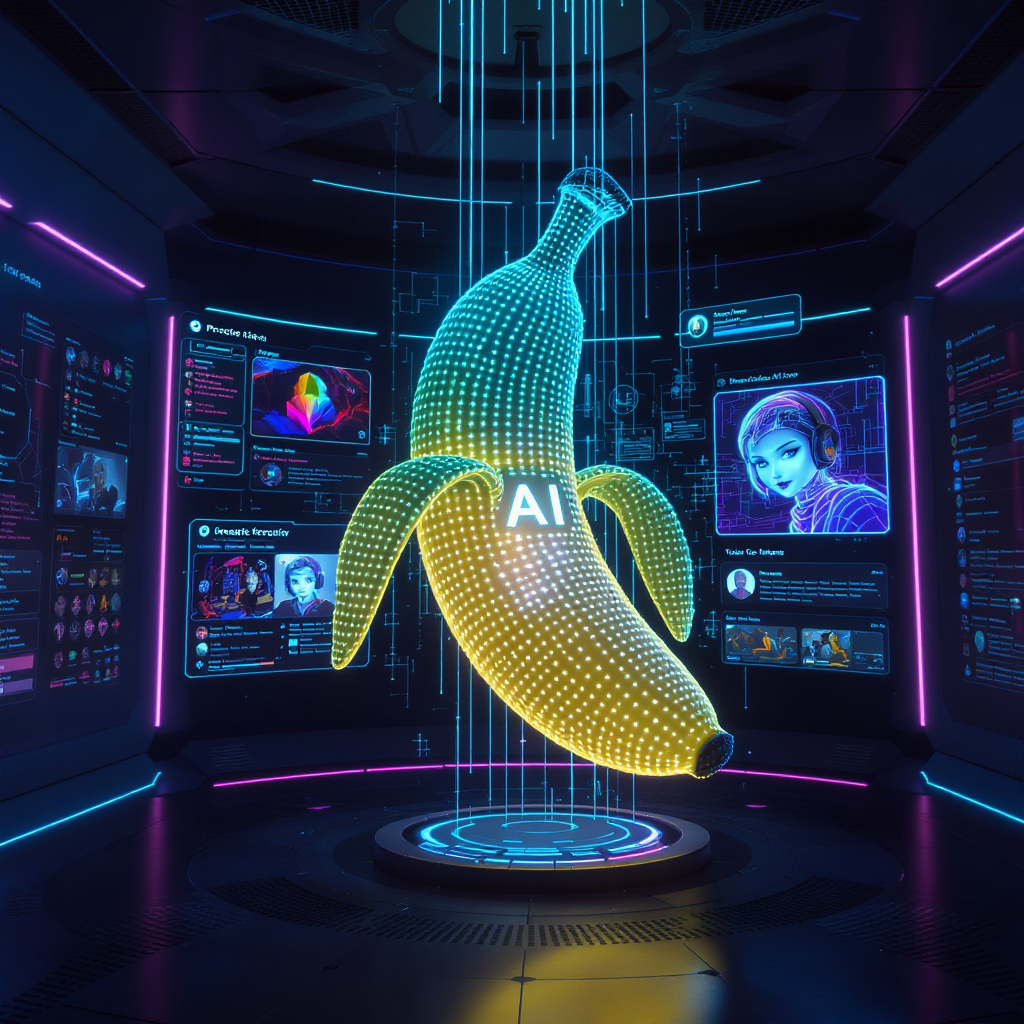 ภาพประกอบธีม AI รูปกล้วยเรืองแสงในห้องเซิร์ฟเวอร์ สื่อถึงคู่แข่งอย่าง Nano Banana