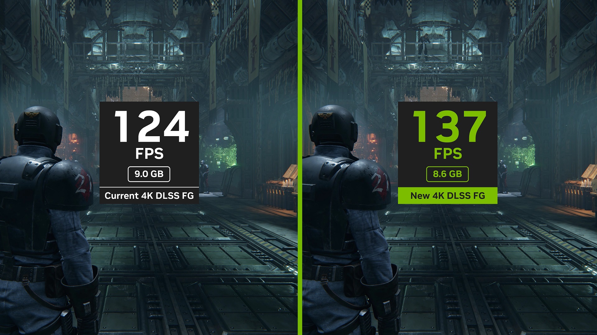 ภาพเทียบ FPS ระหว่าง Frame Generation เวอร์ชันปัจจุบันกับเวอร์ชันใหม่ของ NVIDIA ในเกมเดียวกัน
