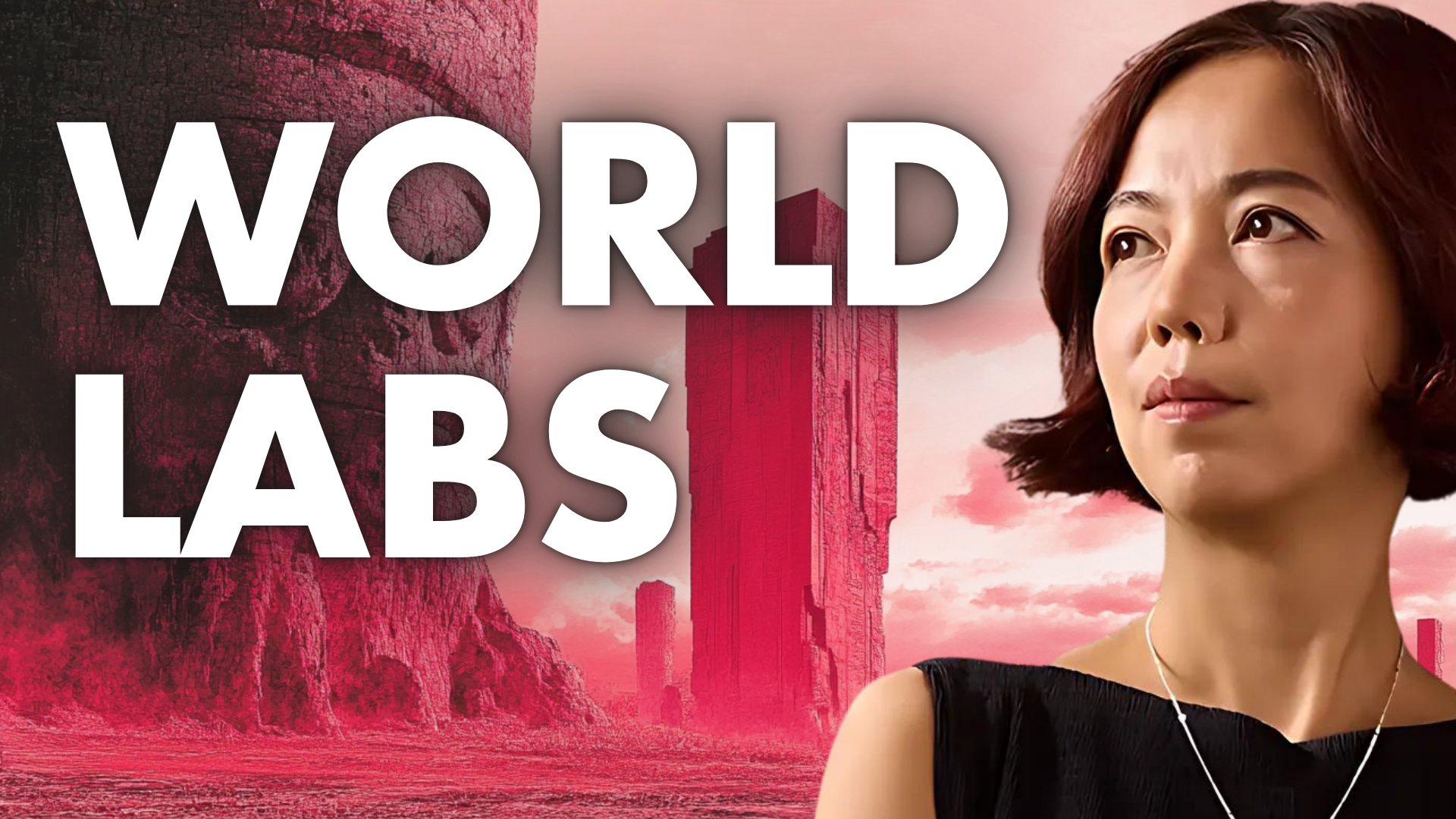 กราฟิกโปรโมตของ World Labs มีภาพ Fei-Fei Li และฉากโลกเสมือนสีแดง
