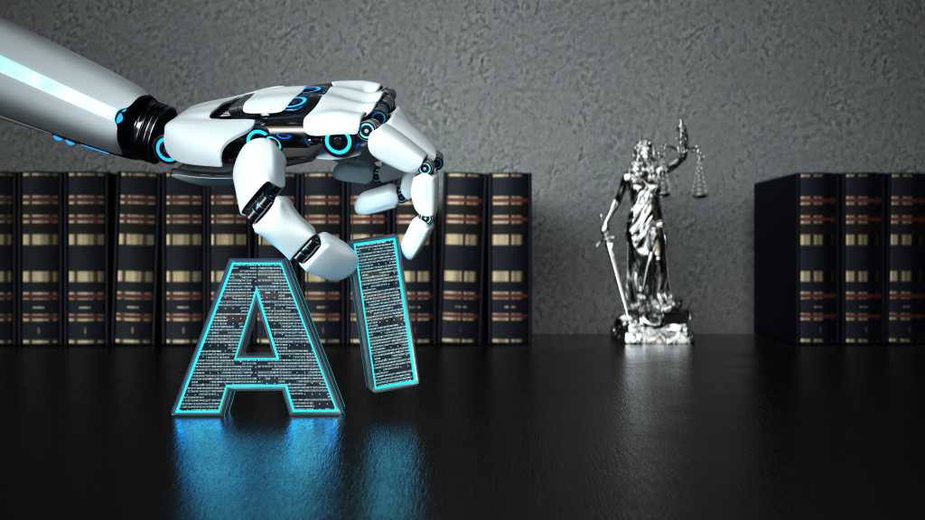 หุ่นยนต์ AI วางป้าย AI ไว้หน้าชั้นหนังสือกฎหมายและรูปปั้นเทพีแห่งความยุติธรรม