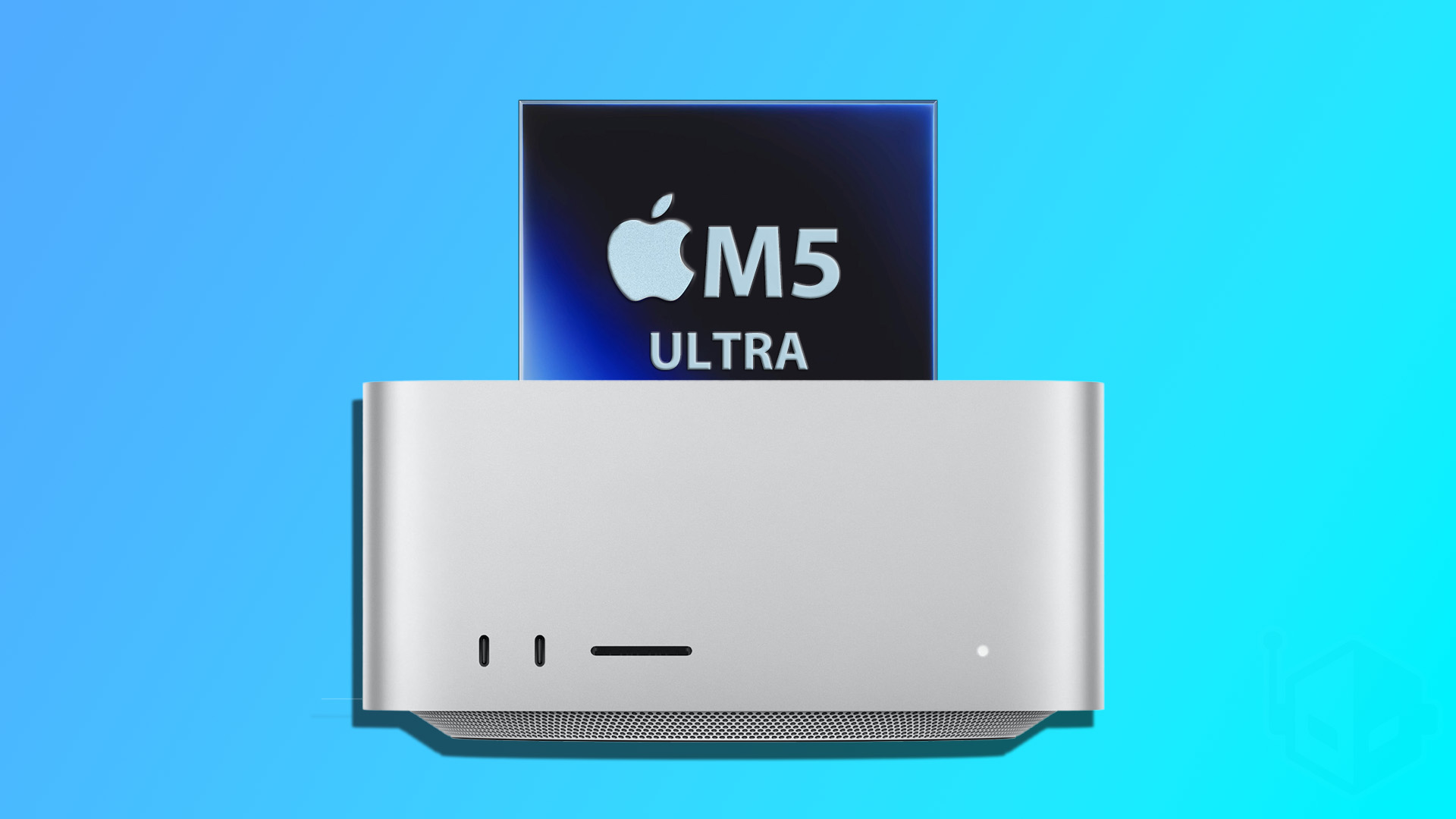 Mac Studio ตัวเครื่องทรงลูกบาศก์วางคู่กับภาพชิป M5 Ultra บนพื้นหลังสีฟ้า