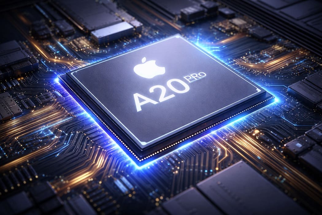ภาพจำลองชิป Apple A20 Pro เรืองแสงอยู่บนแผงวงจร สื่อถึงประสิทธิภาพที่เพิ่มขึ้น