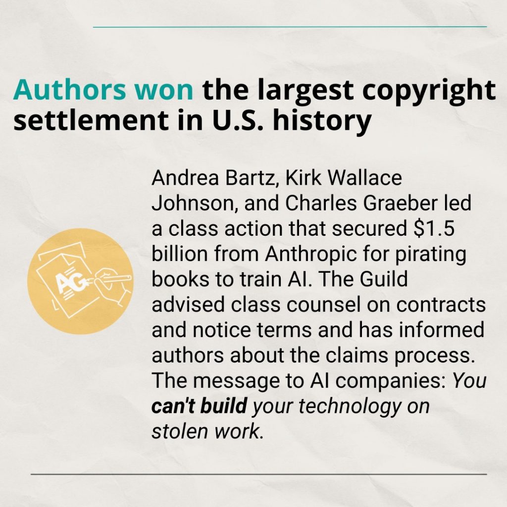 กราฟิกของ Authors Guild สรุปว่า Andrea Bartz, Kirk Wallace Johnson และ Charles Graeber นำคดีกลุ่มจนได้ค่าชดเชย 1.5 พันล้านดอลลาร์จาก Anthropic