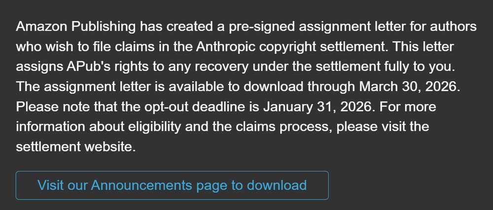 ประกาศของ Amazon Publishing เรื่องหนังสือมอบสิทธิ์ (assignment letter) ให้ผู้เขียนยื่นคำร้องรับเงินจากข้อตกลง Anthropic พร้อมกำหนดเส้นตาย opt-out และวันหมดเขตดาวน์โหลดเอกสาร