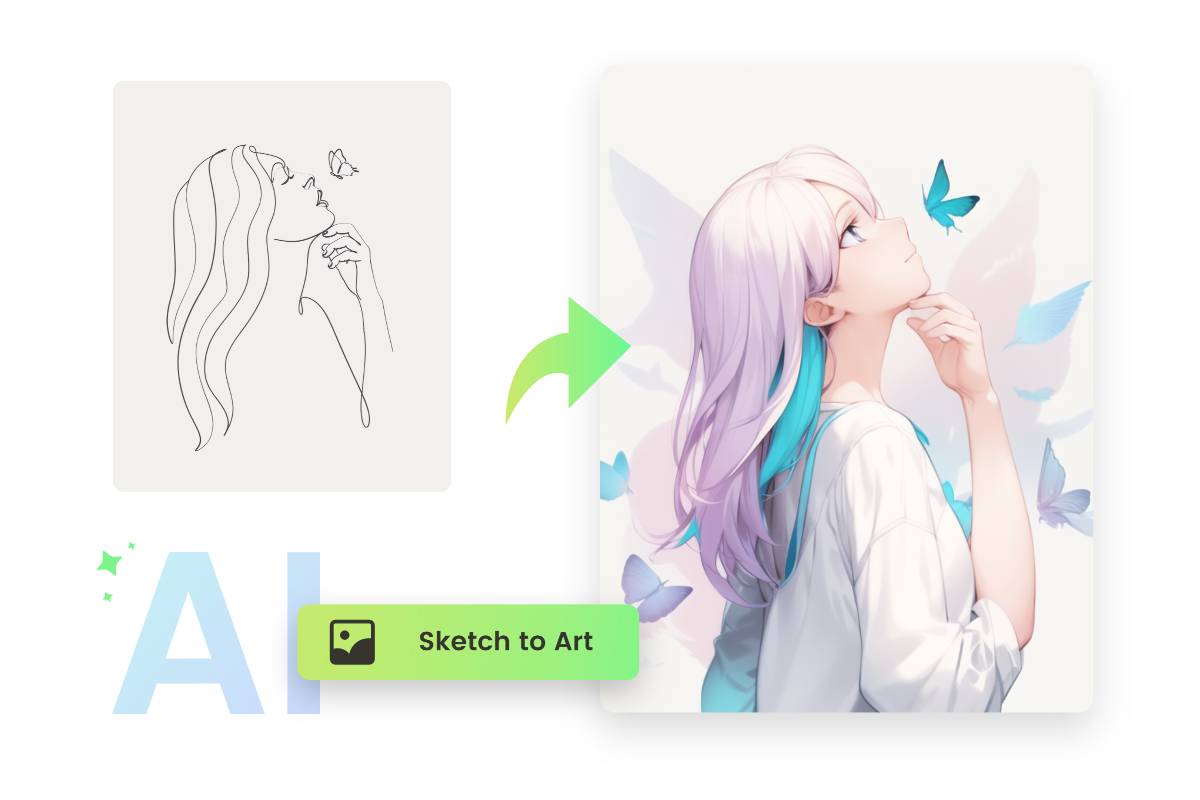 ภาพร่างเส้นของผู้หญิงถูกแปลงเป็นภาพวาดดิจิทัลสีสันสดใสด้วยฟีเจอร์ Sketch to Art