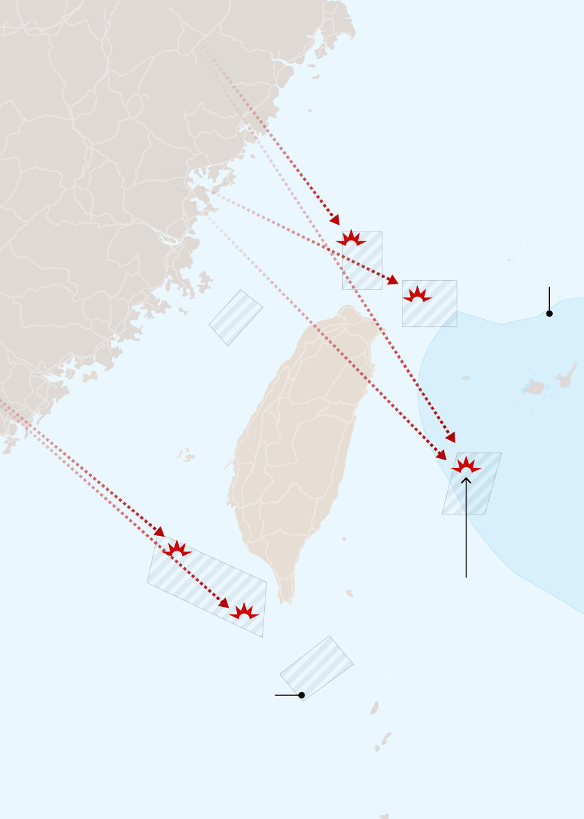 แผนที่จำลองเป้าหมายทางทหารหลายจุดรอบเกาะไต้หวันและชายฝั่งจีน