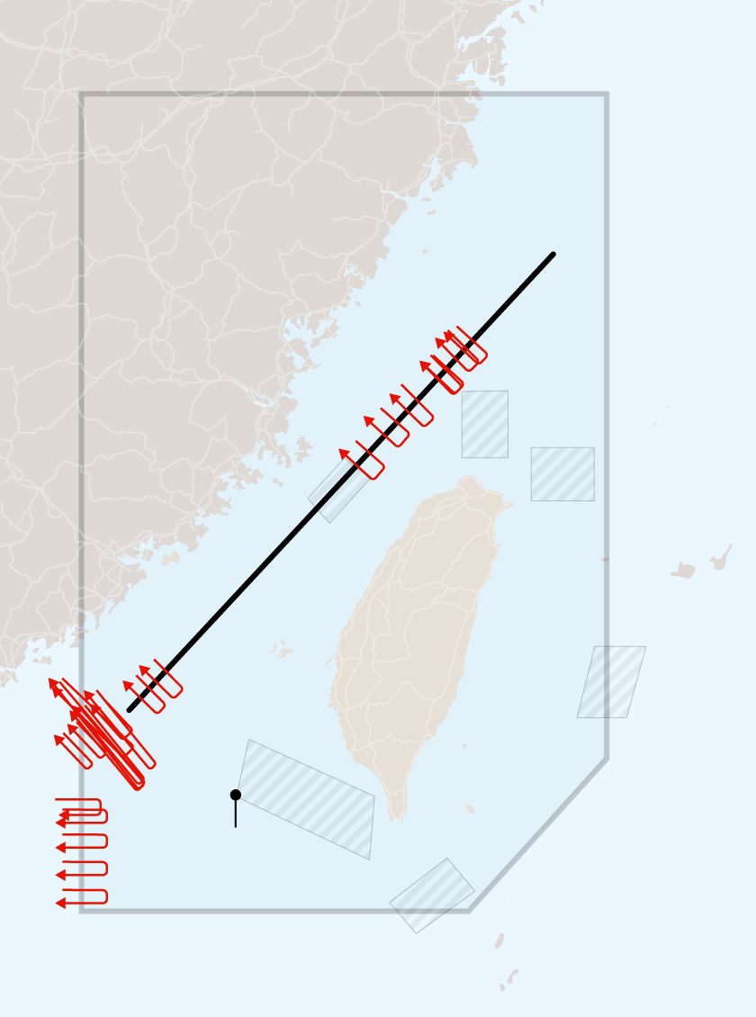 แผนที่เส้นทางเคลื่อนที่ของเครื่องบินทหารจีนหลายลำมุ่งหน้าเข้าใกล้น่านน้ำรอบไต้หวัน