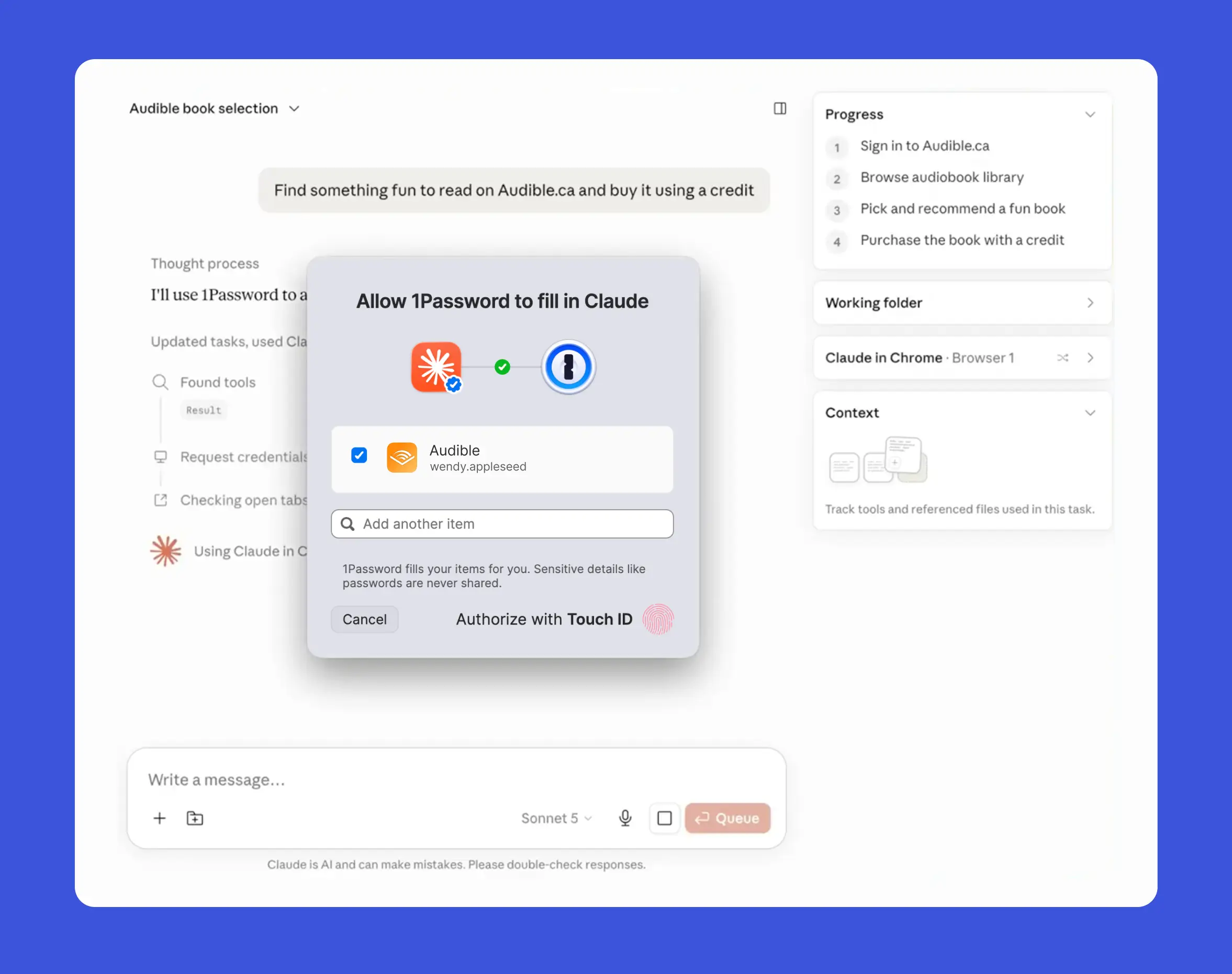 หน้าจอ 1Password for Claude แสดงการขอ biometric ยืนยันก่อน inject credential