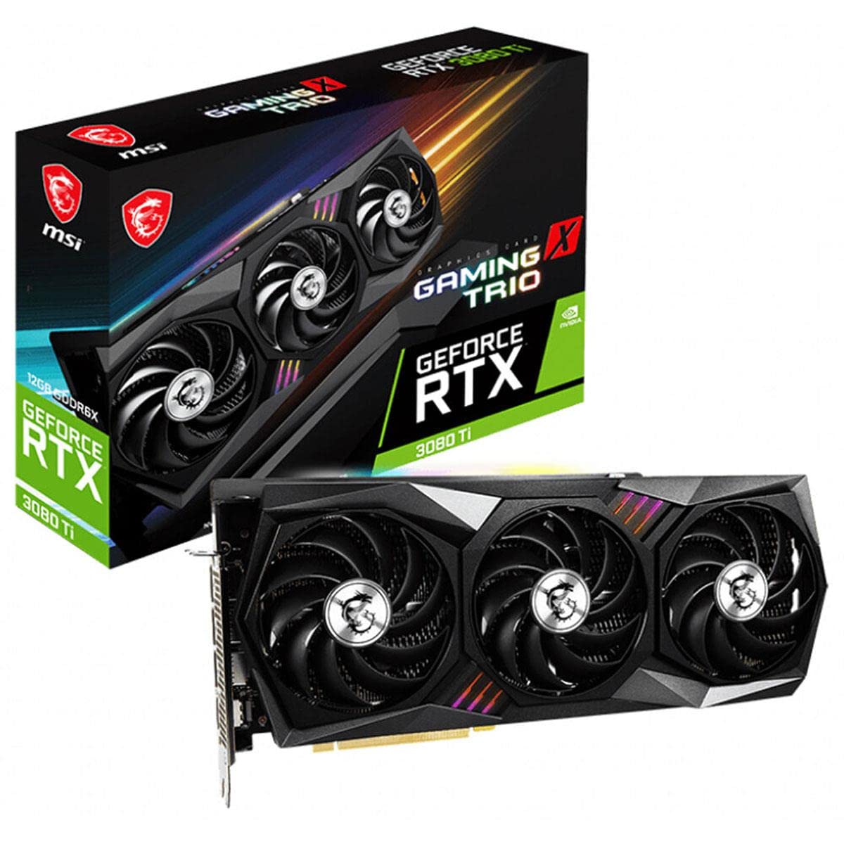 A GeForce RTX 3080 Ti gaming graphics card next to its retail box