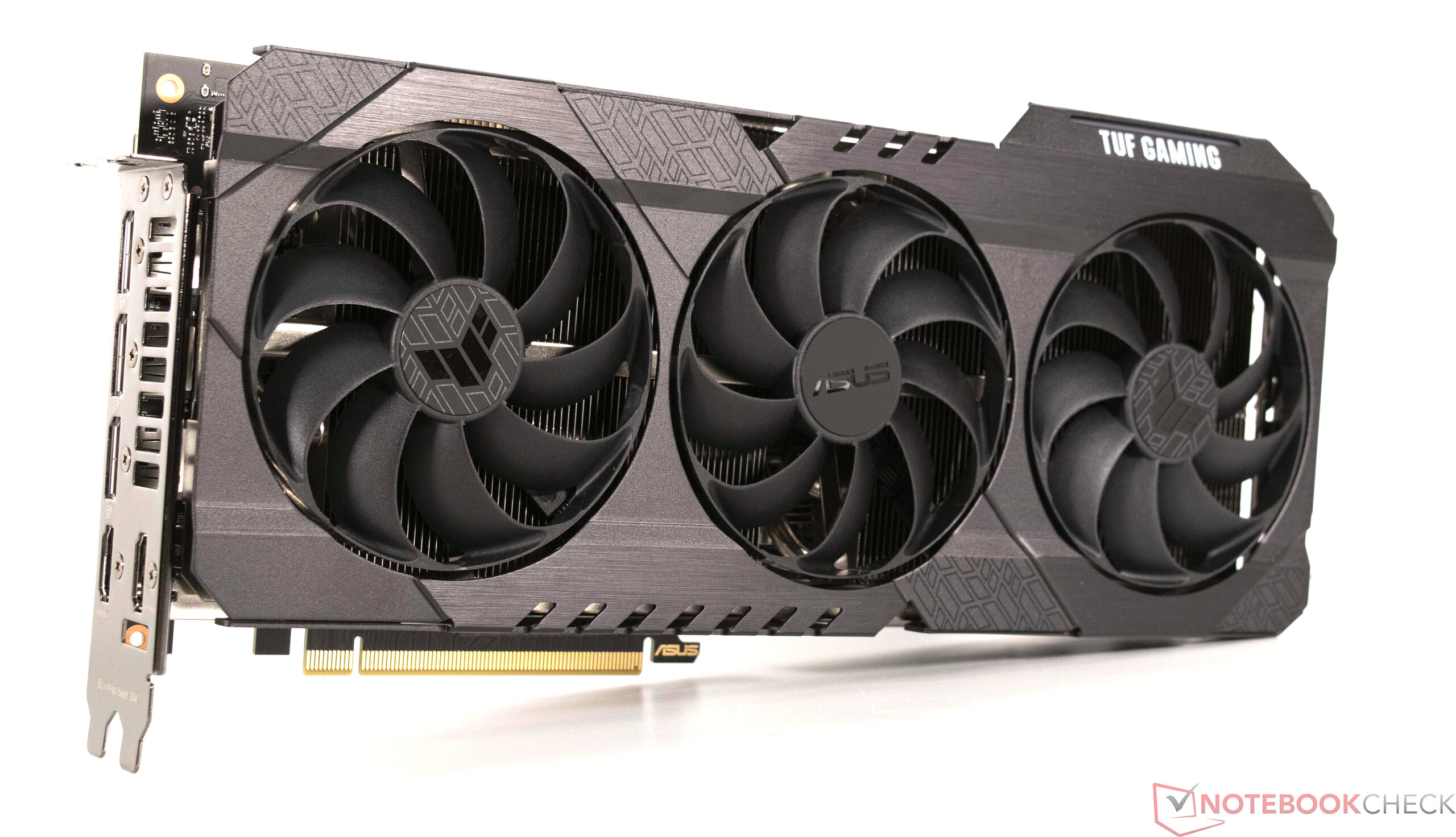 An RTX 3080 Ti TUF Gaming graphics card shown at an angle, showing its three cooling fans