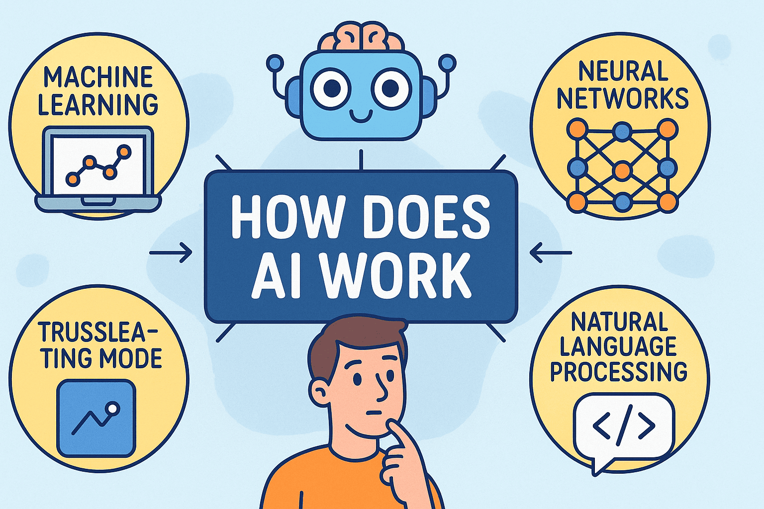 ภาพประกอบองค์ประกอบพื้นฐานของ AI เช่น machine learning, neural network และ natural language processing