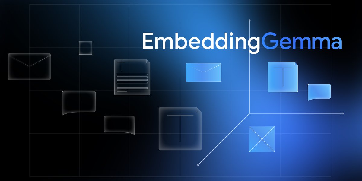 โลโก้ EmbeddingGemma พร้อมไอคอนสื่อข้อความและเอกสารที่สื่อถึง embedding แบบ multimodal