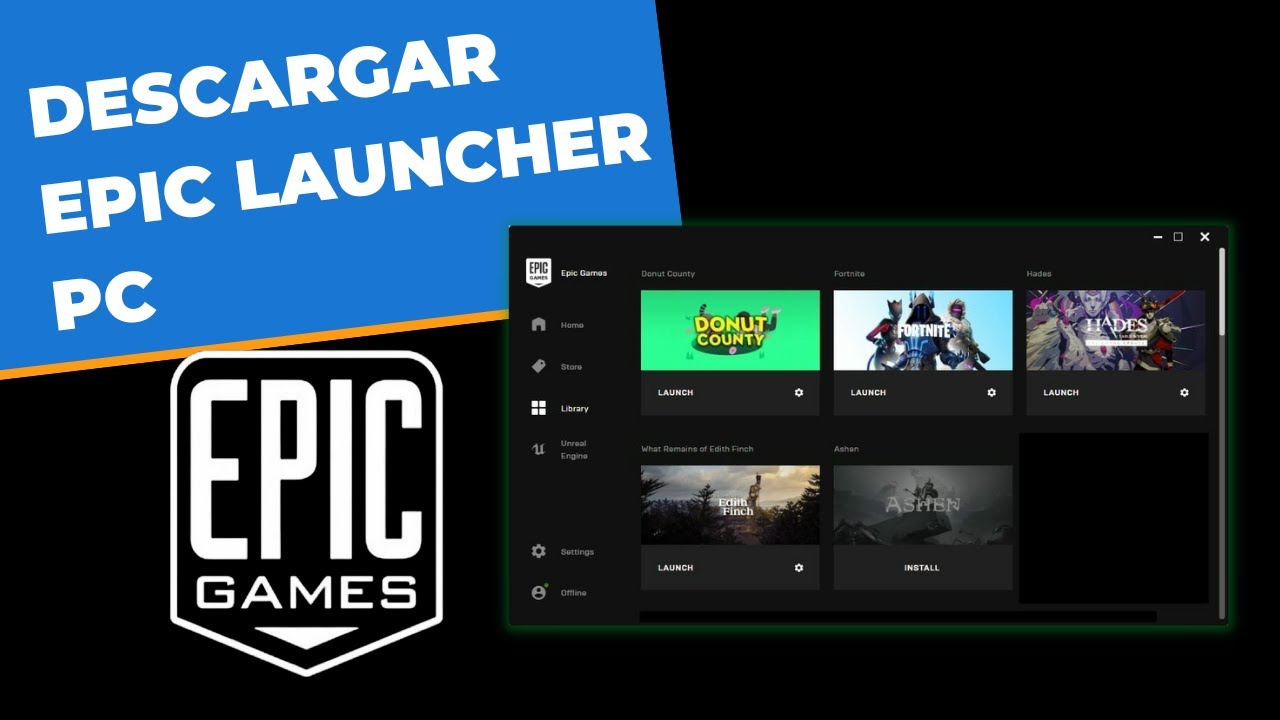 โลโก้ Epic Games และหน้าจอคลังเกมใน Epic Games Launcher