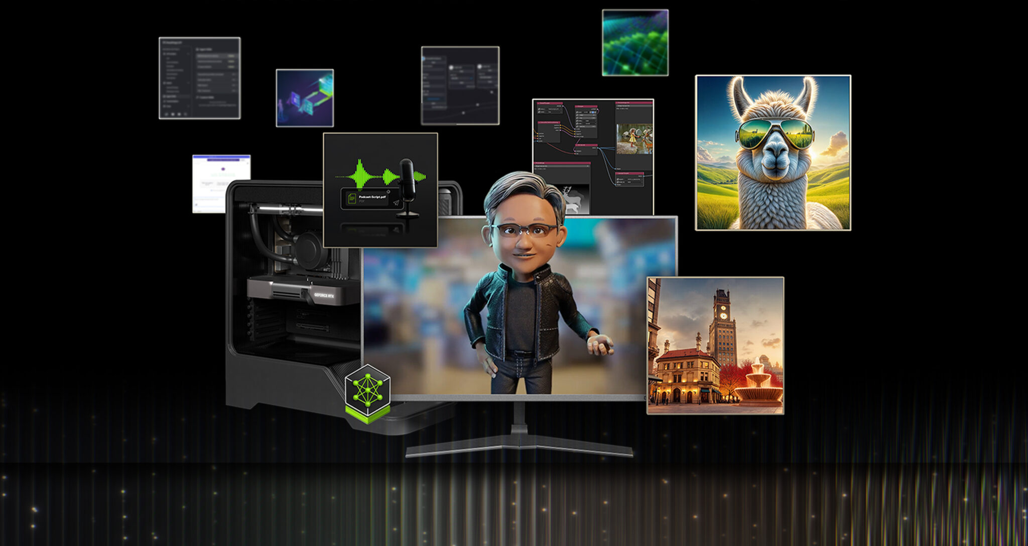 ภาพประกอบฮาร์ดแวร์ GeForce RTX และผลงานที่สร้างด้วย AI สื่อถึงพื้นฐานฝั่ง Nvidia ของ Amulya Vishwanath