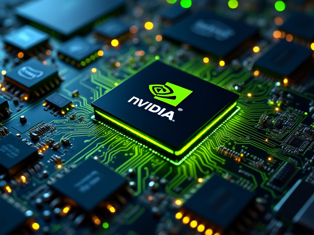 ชิปที่มีโลโก้ Nvidia ติดตั้งอยู่บนแผงวงจร