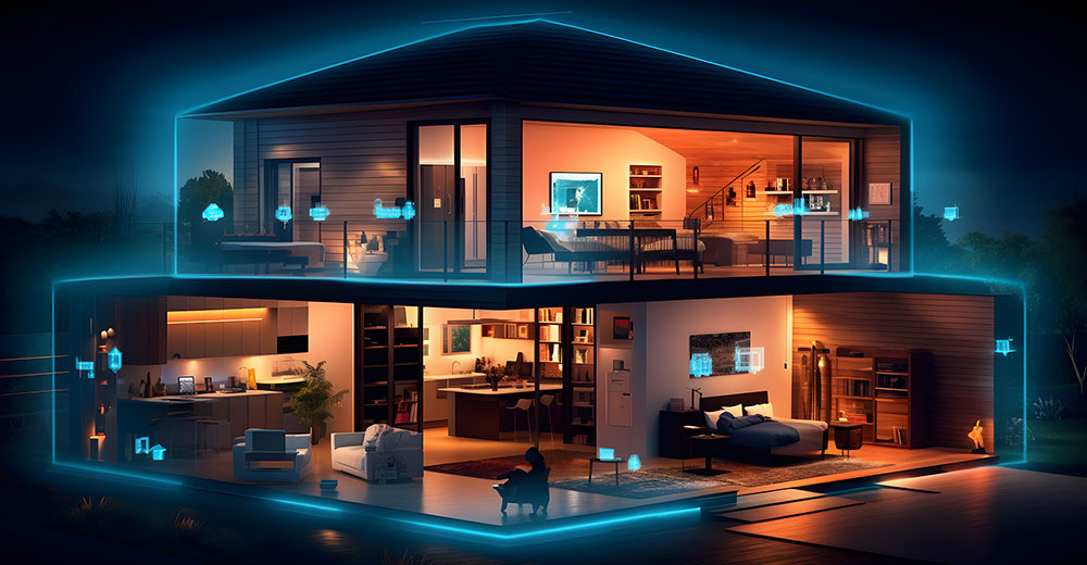 บ้านอัจฉริยะเวลากลางคืนที่มีจุดเชื่อมต่ออุปกรณ์ IoT ทั่วบ้าน