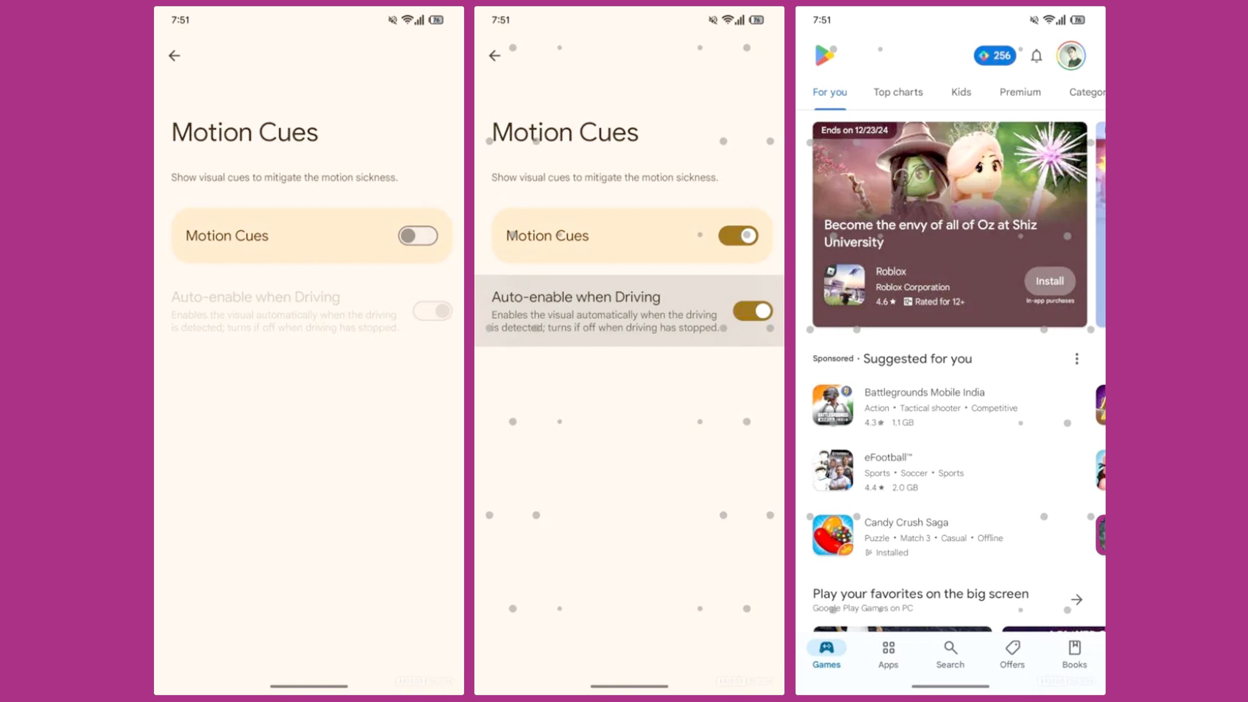 เปรียบเทียบสถานะปิดและเปิดของสวิตช์ Motion Cues ในเมนูตั้งค่า Android พร้อมตัวเลือก Auto-enable when Driving ที่เปลี่ยนตามการเปิดปิดฟีเจอร์หลัก