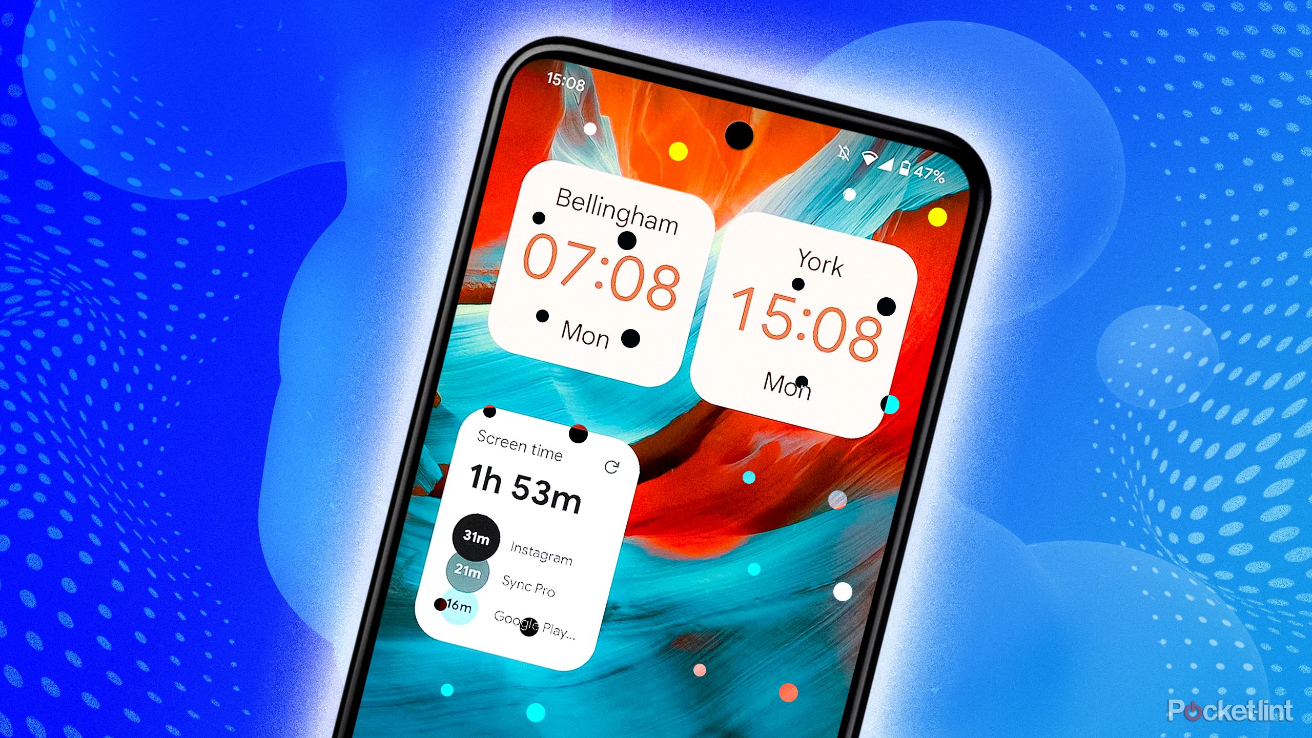 ตัวอย่างหน้าจอ Android ที่ปรับแต่งวิดเจ็ตนาฬิกาโลกและติดตามเวลาใช้งานแอปผ่าน Screen Time สะท้อนแนวทางที่ Android เน้นให้ผู้ใช้ปรับหน้าจอให้เข้ากับตัวเองมากขึ้น