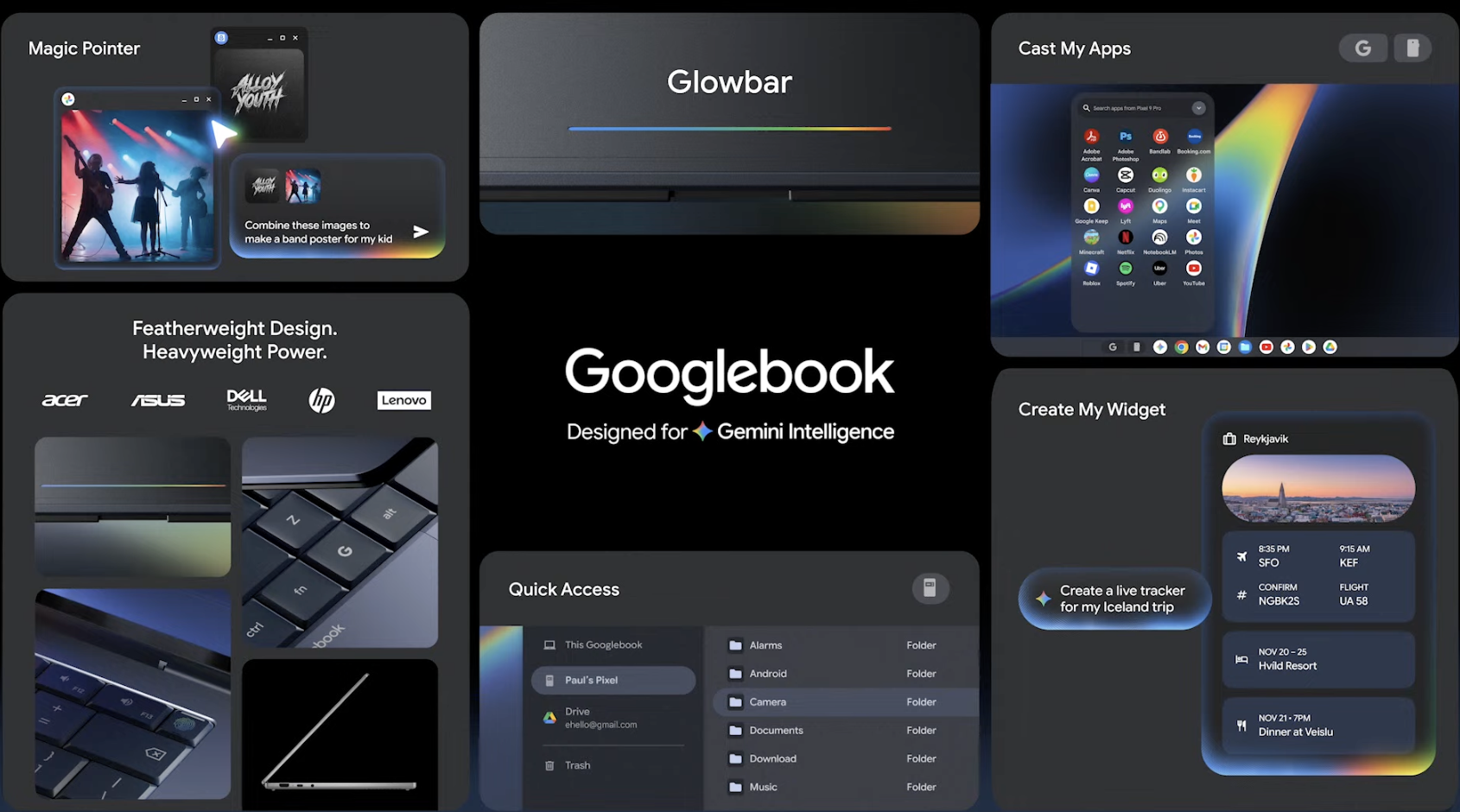 ภาพรวมฟีเจอร์ Magic Pointer, Cast My Apps และโลโก้ 5 แบรนด์พันธมิตรของ Googlebook