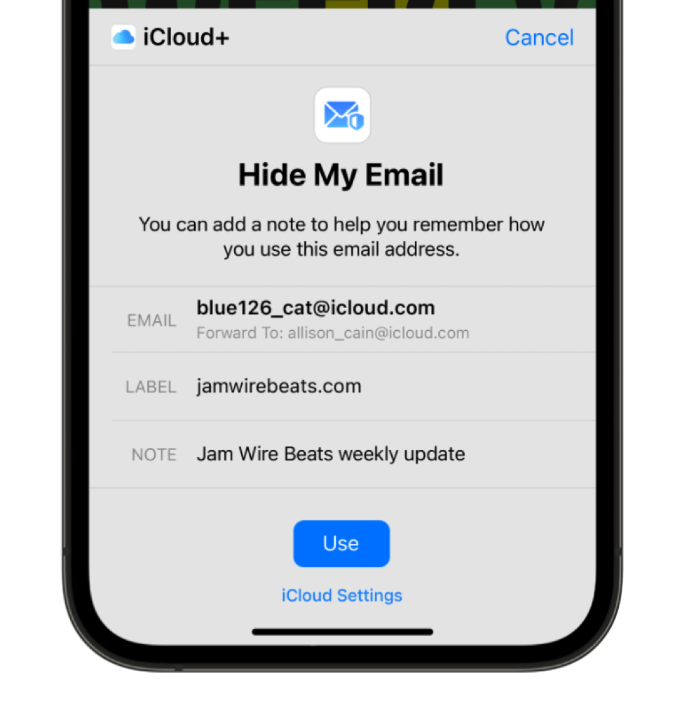 หน้าจัดการ Hide My Email บน iCloud.com