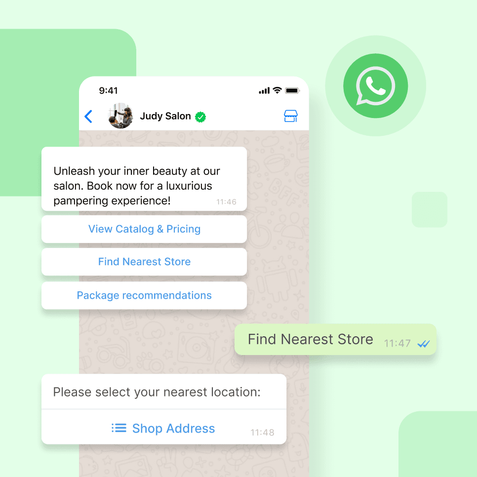 ตัวอย่างบทสนทนาใน WhatsApp Business ที่มีปุ่มดูแคตตาล็อกและค้นหาร้านใกล้เคียง ซึ่งเป็นผลลัพธ์ที่ต้องตรวจก่อนใช้งานจริง