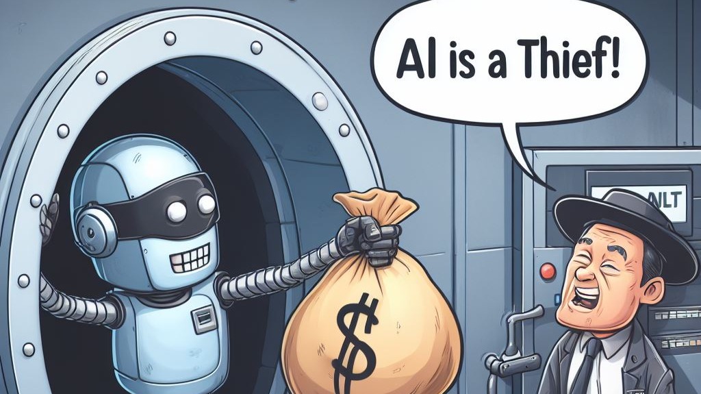 ภาพประกอบล้อเลียนหุ่นยนต์ AI ขโมยเงินออกจากตู้เซฟ พร้อมข้อความ AI is a Thief