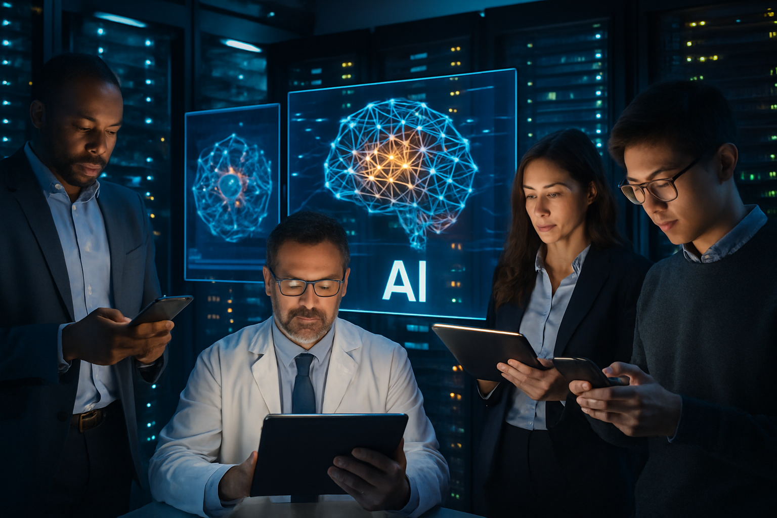 ทีมงานตรวจสอบข้อมูลระบบ AI ผ่านหน้าจอในศูนย์ข้อมูล