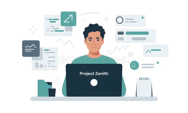ภาพประกอบนักพัฒนานั่งทำงานหน้าโน้ตบุ๊กที่แสดงชื่อ Project Zenith