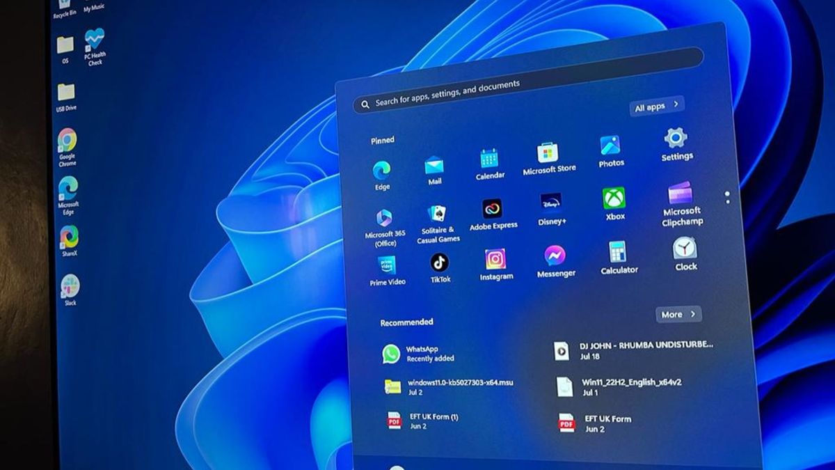 เมนู Start ของ Windows 11 ที่แสดงแอปที่ปักหมุดไว้
