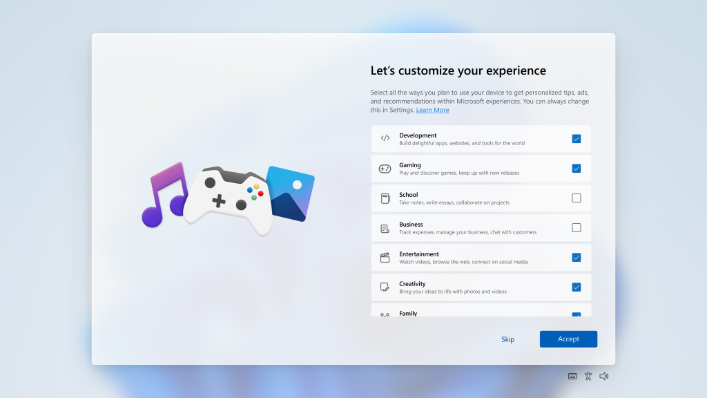 หน้าจอตั้งค่าเครื่องของ Windows ที่ให้เลือกการใช้งานแบบ Development ตั้งแต่ขั้นตอนแรก
