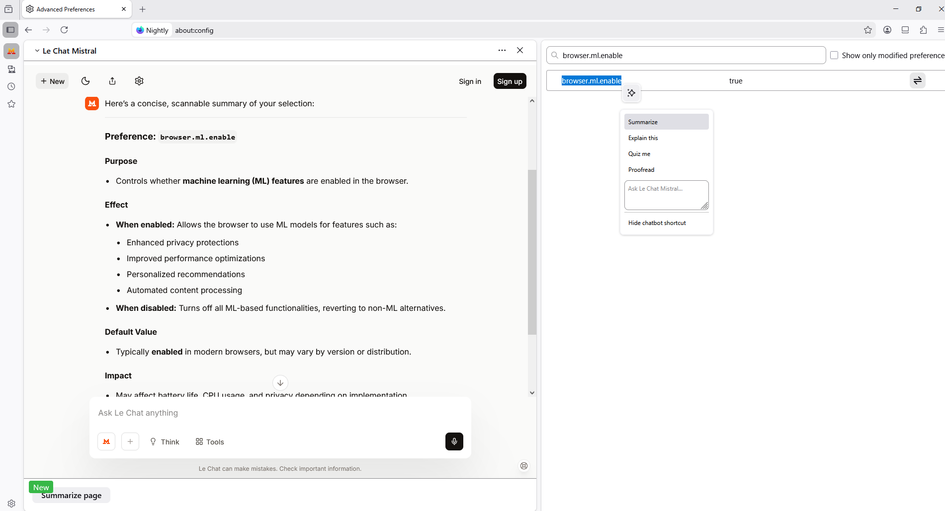 Firefox Nightly screen with the browser.ml.enable preference on, alongside a Le Chat Mistral sidebar summarizing the page