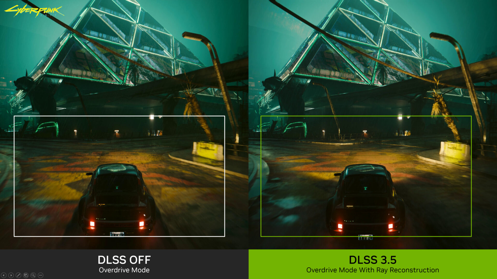 ภาพเปรียบเทียบคุณภาพกราฟิกเมื่อปิดและเปิด DLSS พร้อม Ray Reconstruction ในเกม Cyberpunk 2077