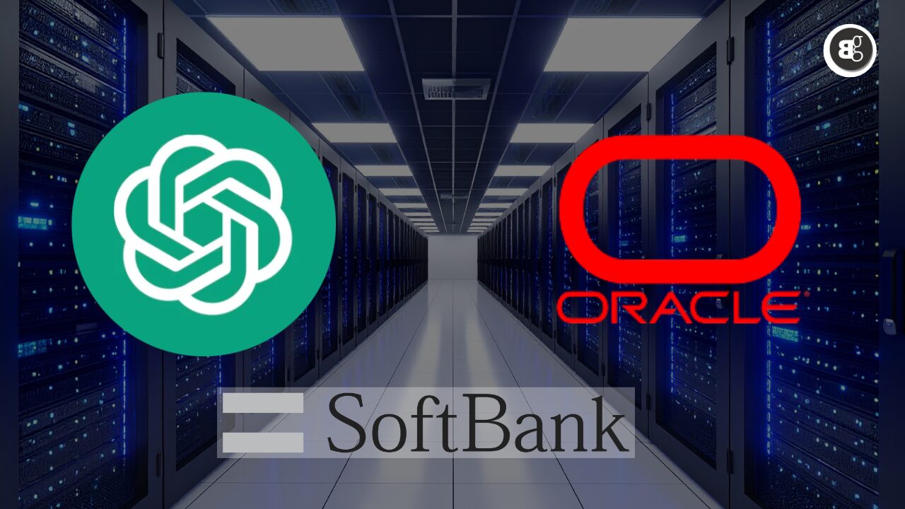 โลโก้ OpenAI, Oracle และ SoftBank เหนือภาพทางเดินในศูนย์ข้อมูล สื่อถึงพันธมิตรหลายฝ่ายในโครงการโครงสร้างพื้นฐาน AI