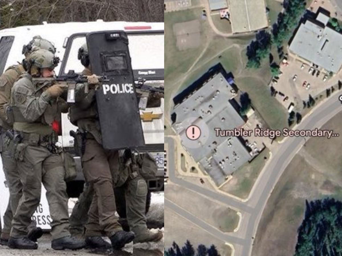เจ้าหน้าที่ตำรวจปฏิบัติการที่เกิดเหตุ และภาพถ่ายทางอากาศของ Tumbler Ridge Secondary School