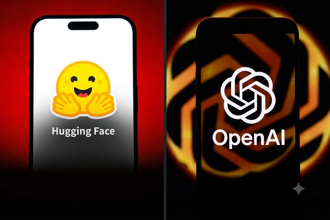 โลโก้ Hugging Face และ OpenAI บนหน้าจอมือถือ
