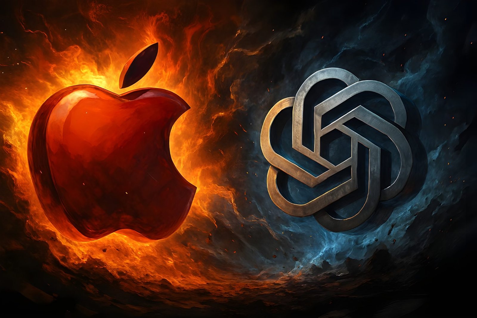 ภาพประกอบโลโก้ Apple และ OpenAI สื่อถึงข้อกล่าวหาที่สองบริษัทมีต่อกัน