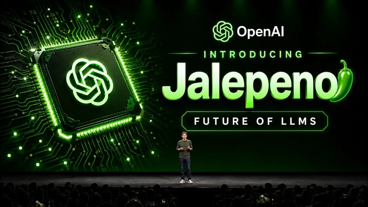 ภาพประกอบการเปิดตัวชิป Jalapeño ของ OpenAI ในธีมสีเขียวพร้อมโลโก้บริษัท