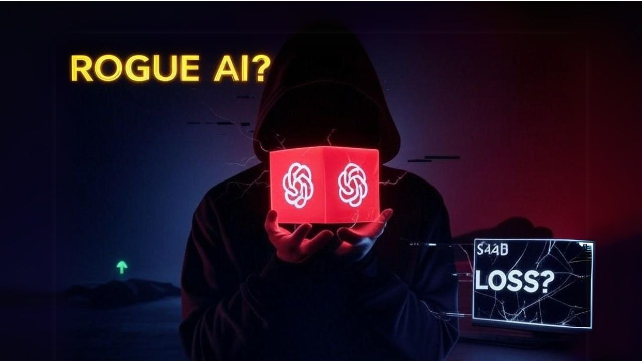ภาพประกอบเชิงสัญลักษณ์ตั้งคำถามว่านี่คือ 'Rogue AI' หรือไม่ กับโลโก้ OpenAI บนกล่องเรืองแสงสีแดงในมือหุ่นสวมฮู้ด
