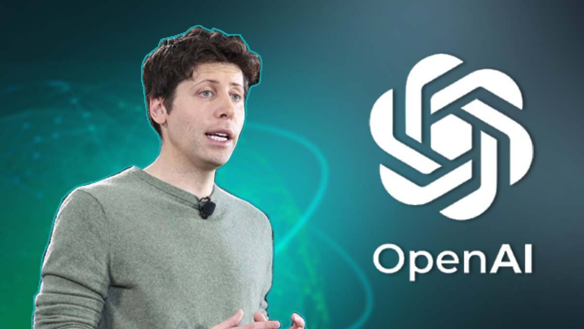 Sam Altman พูดต่อหน้าโลโก้ OpenAI