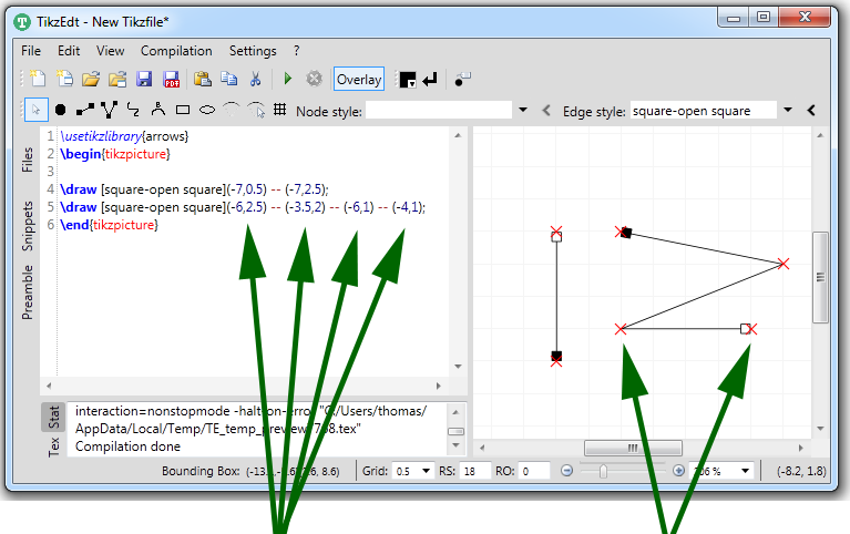หน้าจอ TikZ Editor แสดง canvas กับช่องโค้ด TikZ ที่ sync กันแบบ two-way