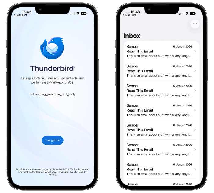 หน้าจอ inbox ของ Thunderbird for iOS ระหว่างพัฒนา