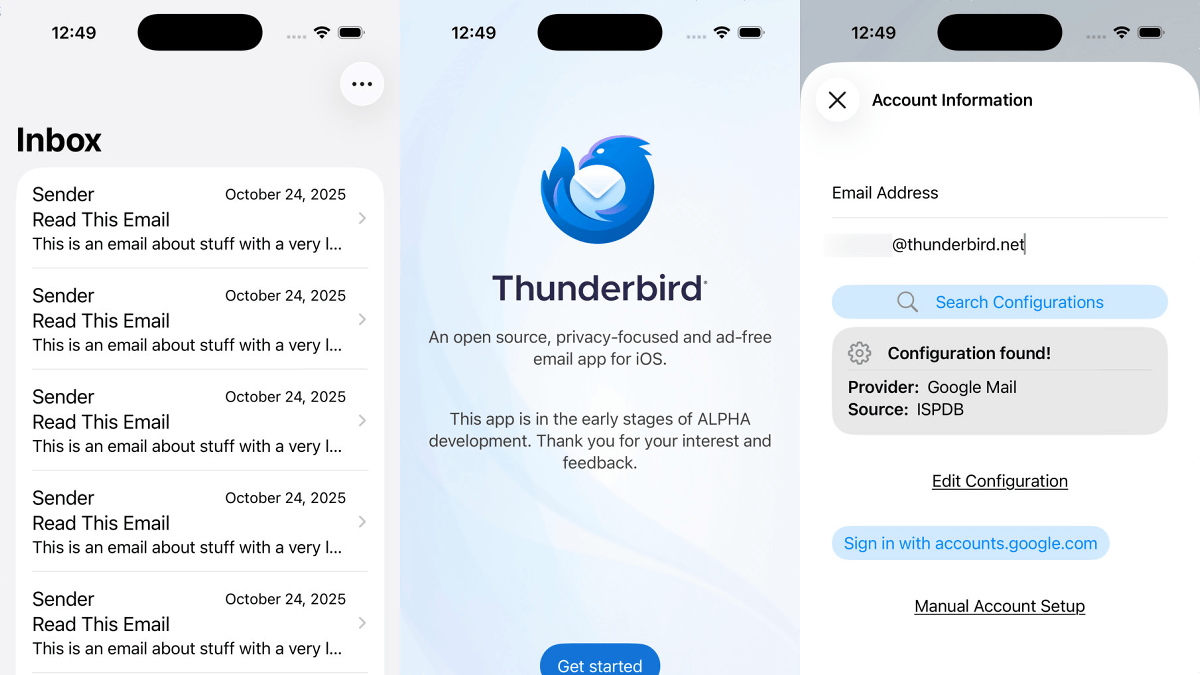 หน้าจอ editor เขียนอีเมลของ Thunderbird for iOS ระหว่างพัฒนา