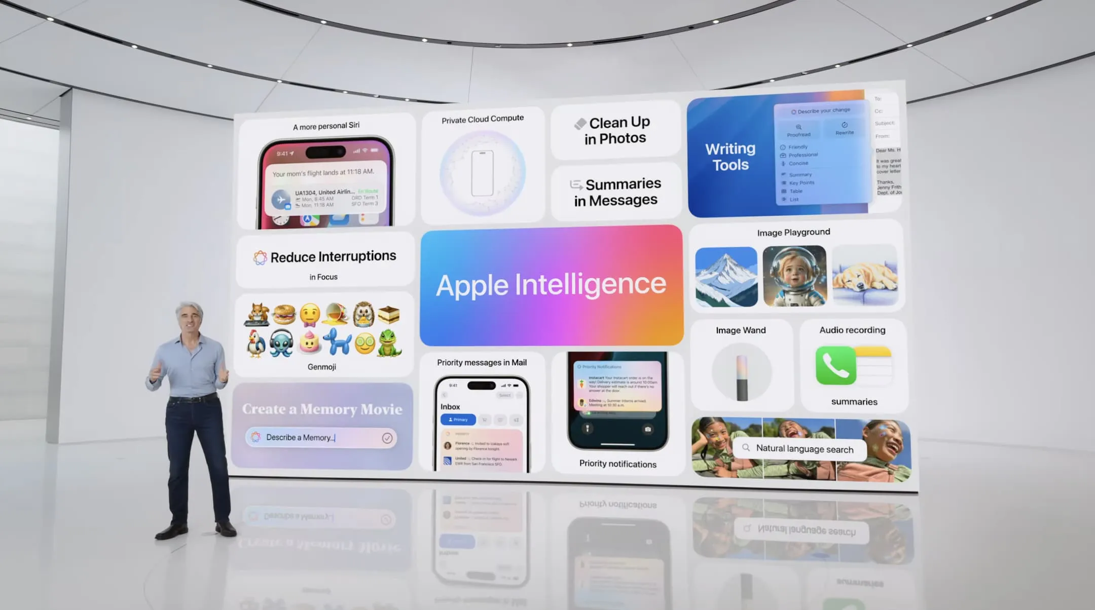 สไลด์นำเสนอ Apple Intelligence ที่เน้นการประมวลผลบนอุปกรณ์และ Private Cloud Compute