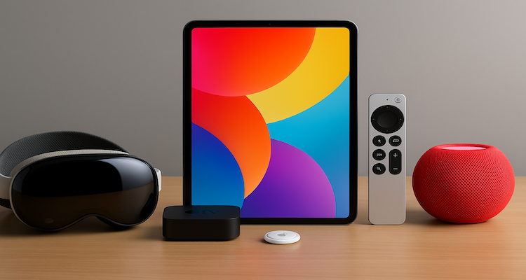 อุปกรณ์ในระบบนิเวศ Apple อย่าง Vision Pro, iPad, รีโมท Apple TV, AirTag และ HomePod mini วางเรียงกันบนโต๊ะ