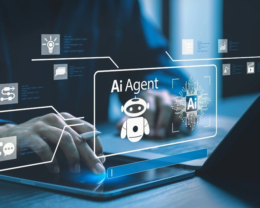 ภาพประกอบแนวคิด AI agent บนหน้าจอแท็บเล็ต สื่อถึงระบบ agent ที่ทำงานอัตโนมัติแทนมนุษย์