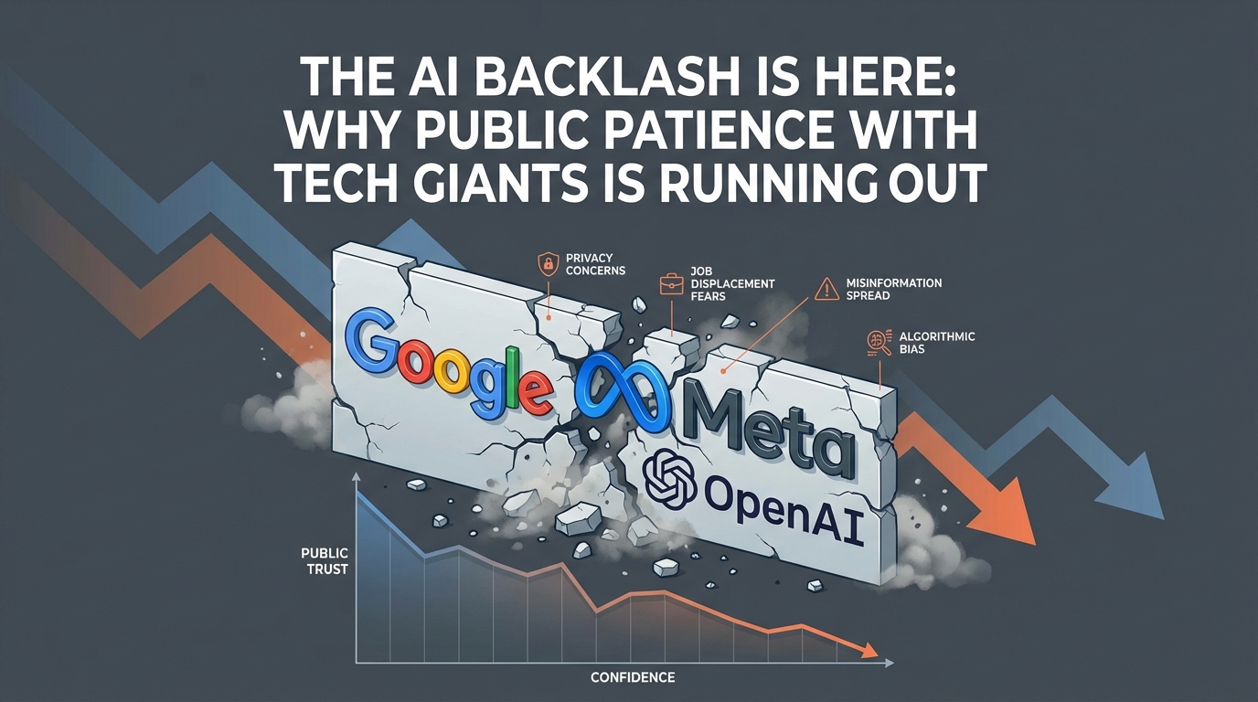 อินโฟกราฟิกแสดงโลโก้ Google, Meta และ OpenAI แตกร้าว พร้อมกราฟความเชื่อมั่นสาธารณะที่ลดลง สื่อถึงกระแสต่อต้าน AI และบริษัทเทคโนโลยีขนาดใหญ่